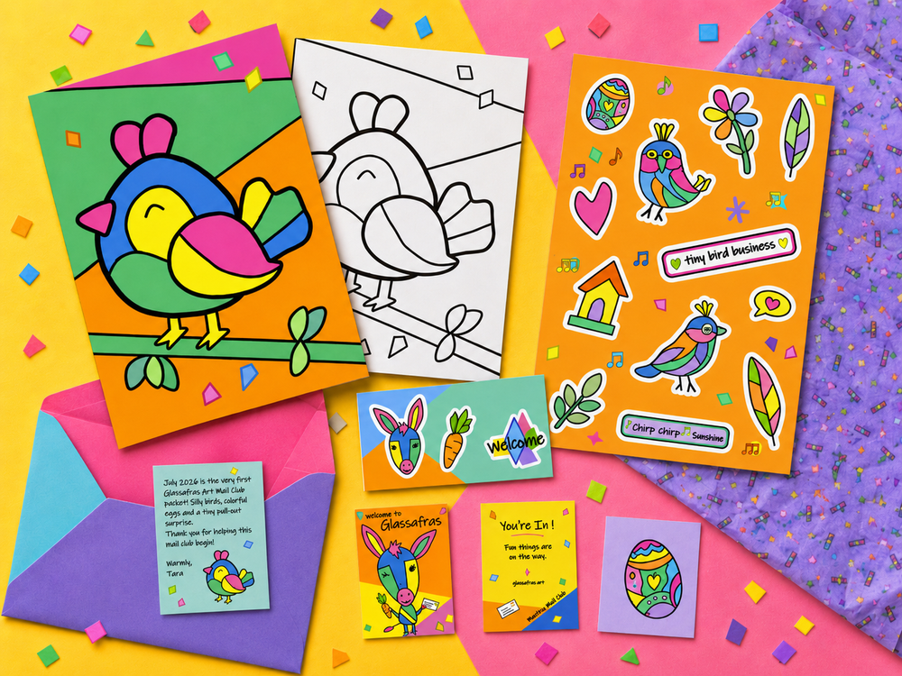 Colorful craft items including a card, coloring page, stickers, and more small colorful cards on a multicolored background.