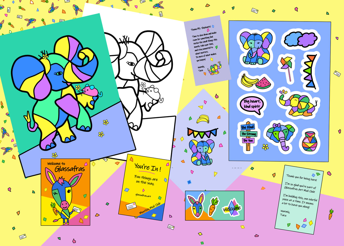 A colorful collage of printed elephant-themed stationery and sticker sheets arranged on a pastel geometric background. Visible items include a large coloring page with a painted elephant, black-and-white outline pages, sticker cards with elephant illustrations, a welcome card, an 'You're In!' card, and other matching printed pieces.