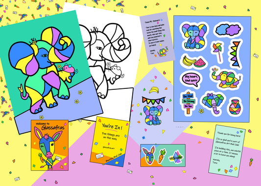 A colorful collage of printed elephant-themed stationery and sticker sheets arranged on a pastel geometric background. Visible items include a large coloring page with a painted elephant, black-and-white outline pages, sticker cards with elephant illustrations, a welcome card, an 'You're In!' card, and other matching printed pieces.